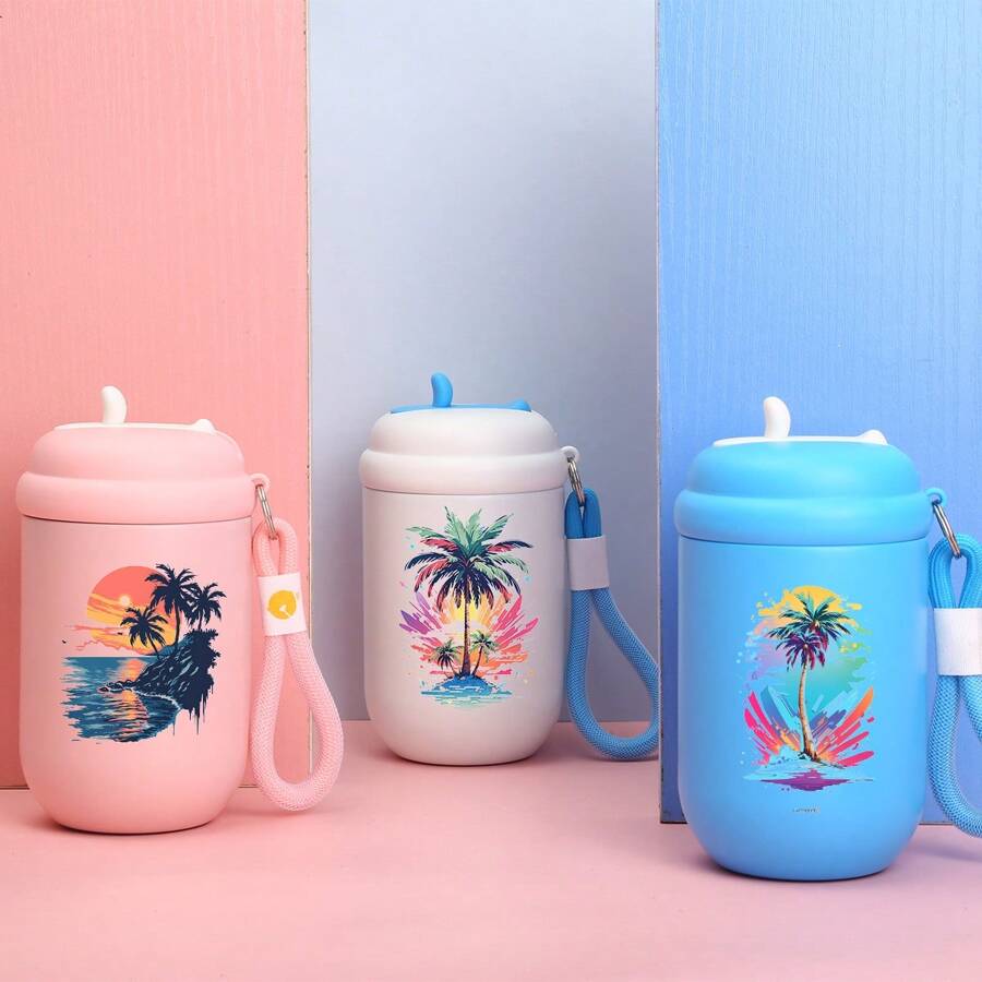 1 件椰子树彩绘迷你真空杯、不锈钢真空瓶、咖啡杯、旅行保温杯、360 毫升松果杯 - 彩色 - 查看 1