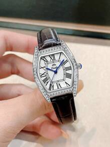 Duolz Quality Diamond Decorated Simple Pu Leather Belt Roman Numeral Women's Waterproof Watch