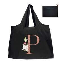 购物袋手提袋折叠袋姓名首字母图案手提包野餐袋可重复使用的储物袋杂货手提袋大容量旅行杂货袋手提袋姓名首字母印花沙滩包单肩包，学校用品，书包，学校手提包，轻便，便携，可折叠，适合青少年女孩女士大学生，非常适合返校 - 黑色 - 查看 26