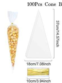 50/100 uds Bolsas cónicas de golosinas, bolsas de palomitas, bolsas de celofán triangulares con lazos retorcidos para caramelos, galletas hechas a mano, regalos de boda, cumpleaños, día de San Valentín, suministros para bufé de dulces y Navidad - transparente - Ver 11