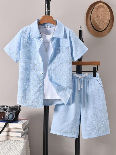 Vihyde Bộ áo sơ mi ngắn tay và quần short in nổi 3D của Tween Boy Bộ đồ nghỉ mát thông thường
