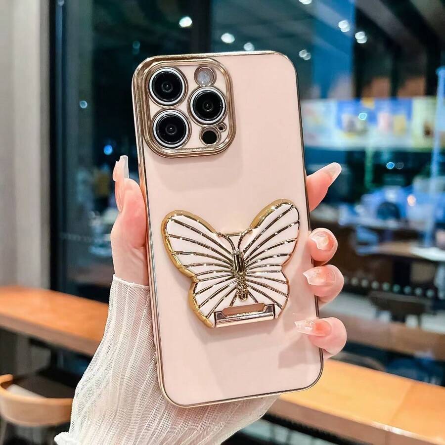 1pc Pink 6D Solid Color Plating Elegant Butterfly Bracket Hybrid Mobile Phone Case Compatible With IPhone 11, 13, 14 Pro Max, 15, 15 Pro, 15 Pro Max - Rose Gold - View 1