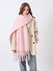 1pc Multi-Colored Women's Solid Plush White Scarf, Thickened Imitation Cashmere, Winter, With Tassels, Soft, Elegant, Fluffy, Slouchy, Romantic, Perfect Gift For Girlfriend Accessories Women