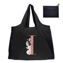 购物袋手提袋折叠袋姓名首字母图案手提包野餐袋可重复使用的储物袋杂货手提袋大容量旅行杂货袋手提袋姓名首字母印花沙滩包单肩包，学校用品，书包，学校手提包，轻便，便携，可折叠，适合青少年女孩女士大学生，非常适合返校 - 黑色 - 查看 12