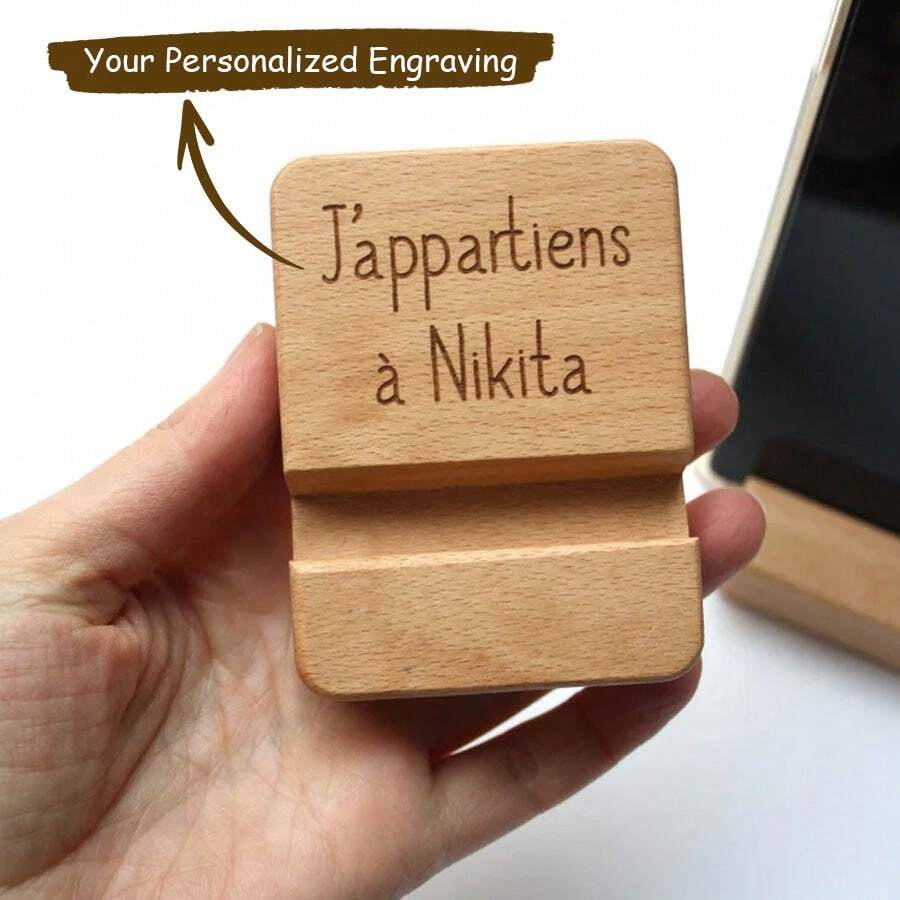 Personalized Wooden Phone Holder, Custom Engraved Cell Phone Stand With Your Text, Gift For Dad/Friend - Multicolor - View 1