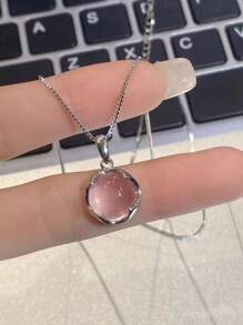 1 pieza Collar de cadena clavícula con dije redondo de cristal rosa con diseño elegante y sencillo al estilo coreano para niñas y mujeres, regalo de joyería
