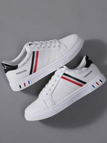 Men's Breathable Skate Shoes, White Low-Top Casual Sports Shoes - Red and White - View 3