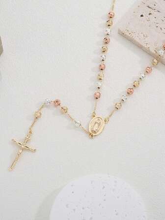 1pc Virgin Mary Pattern Beaded Necklace With Cross Pendant, Suitable For Women's Daily Or Festival Party Wearing
