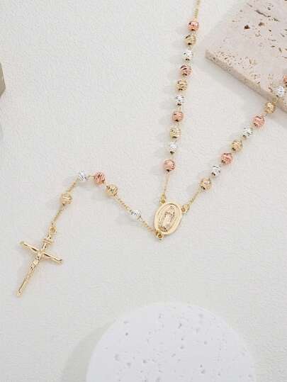 1 pieza Collar de cuentas con patrón de la Virgen María y colgante de cruz, adecuado para uso diario de mujeres o para fiestas festivas