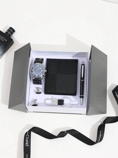 商務禮盒套裝，適用於員工或客戶感謝，父親節，簡約時尚皮夾，袖扣，情人節送給男友或丈夫，潮流個性化手錶，實用鑰匙扣套裝。