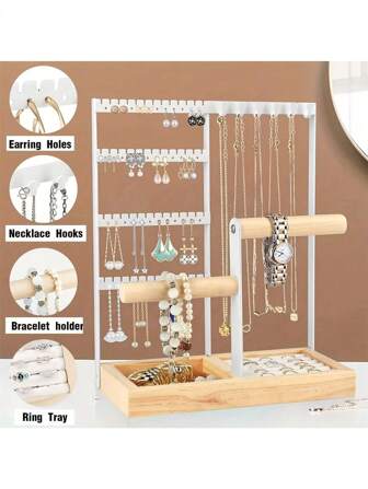1pc Elegant Tabletop Metal Jewelry Organizer With Lacquered Finish | Versatile Storage & Display Rack For Necklaces, Earrings & Bracelets With Tray Valentine Day Back To School