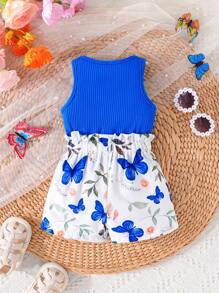 New Summer Baby Girls' Solid Color Tank Top And Printed Shorts Set With Bowknot, Butterfly & Flower Patterns