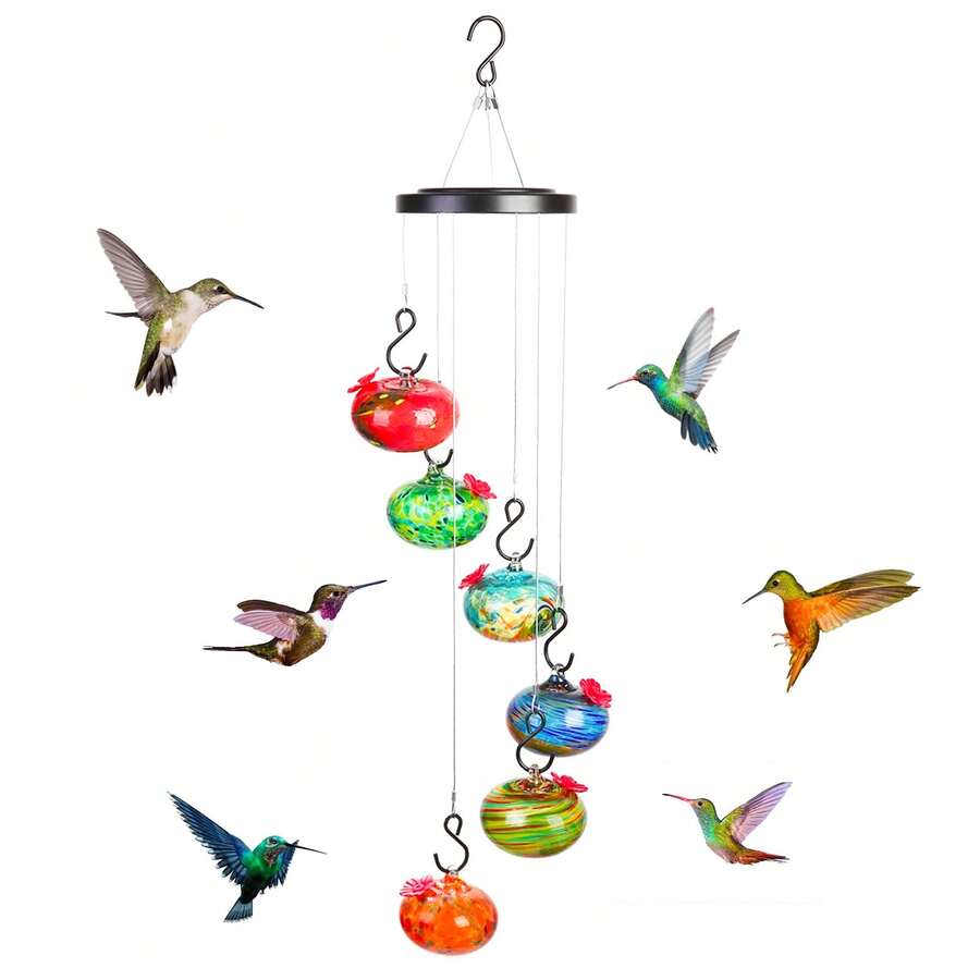 蜂鳥餵食器，帶有6個玻璃球的風鈴蜂鳥餵食器，適用於戶外，防漏，防螞蟻和蜜蜂，手工吹製的花園裝飾，豐富多彩 - 杏色 - 查看 1