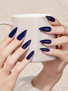 24 piezas de uñas postizas puntiagudas y largas en color azul marino con pegamento de gelatina y lima de pulir, parche decorativo de arte para uñas - Azul Marino - Ver 1