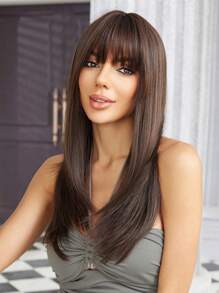 Chocolate Brown 22Inch Long Straight Wigs Parties Suitable For All Seasons Synthetic Fiber Hair Wigs Hair Replacement Wigs For Women Girls Music Festivals Gifts - 巧克力棕 - 查看 4