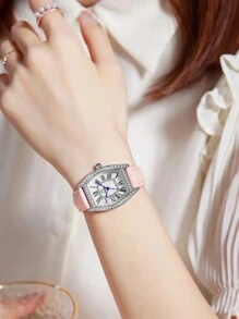 Duolz Quality Diamond Decorated Simple Pu Leather Belt Roman Numeral Women's Waterproof Watch