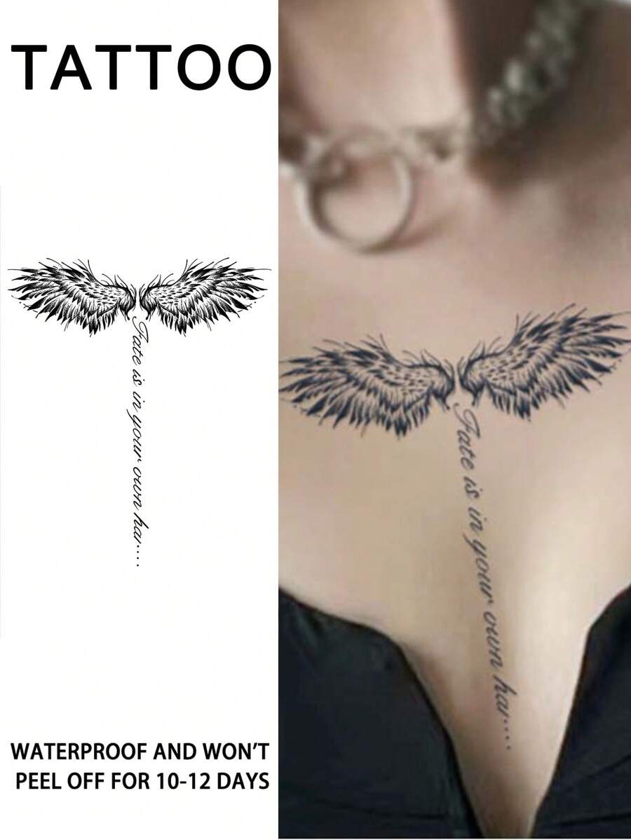 1片翅膀纹身贴纸，防水防汗，可持续1-2周，逼真的草药汁液效果，不反光，几何设计，黑色仿纹身，男女通用，适用于胸部、背部、腹部、腰部等身体部位，现代人体艺术