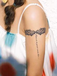 1片翅膀纹身贴纸，防水防汗，可持续1-2周，逼真的草药汁液效果，不反光，几何设计，黑色仿纹身，男女通用，适用于胸部、背部、腹部、腰部等身体部位，现代人体艺术 - 黑色 - 查看 4