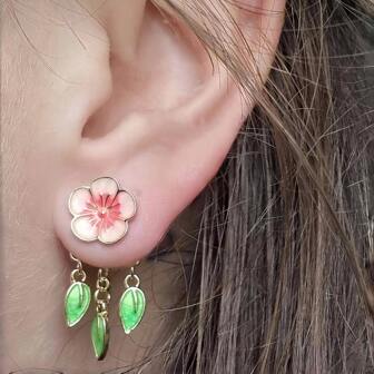 1pair Fashionable Enamel Colorful Flower & Leaf Earring Jacket For Women, Unique Design, Suitable For Gifting On Holidays, Birthdays And Everyday Wear Valentines,Mom,Mother,Mother's Day,Gift