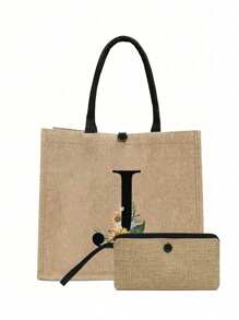 两件套，卡其色简约字母雏菊印花亚麻手提包，沙滩手提包带零钱包，便携式按扣，送给女朋友的礼物，多功能便携手提包，教师节礼物亚麻包