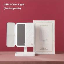 Rotatable And Foldable LED Makeup Mirror With Storage, USB Rechargeable Mirror Equipped With 3 Light Colors And Touch Screen Dimming, Suitable For Desk And Bedroom Use - White - View 14