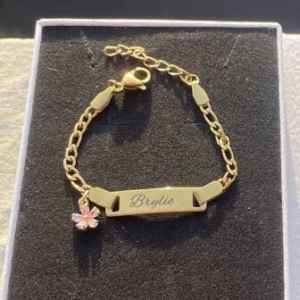 Customized Stainless Steel Name Cute Pink Cubic Zirconia Flower Personalized Bracelet For Children & Women, Birthday Gift Sunflowers Stylish, Fall Fashion, Colorful, Casual, 2000s Fashion, Cuties Custom, Personalized, Unique Ideal Gifts For Her Girlfriend, Mom, Family, Friends, Daughter, Grandparents For Anniversaries, For Valentine's Day, For Mother's Day, For Weddings, For Daily Wear Valentines, High School Senior High School Students, College Students, University Students, Freshman, Sophomore, Underclassmen,Customized Fashion Engraved Bracelets,Look Glamour