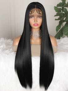 26 Inch 180% Density Black 13*4 Synthetic Lace Front Wig With Baby Hair, No Glue Needed, Heat Resistant & Breathable, Synthetic Fiber Material, Natural Hairline, Free Parting, Suitable For Party And Daily Wear