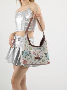 Bolso de mano magnético de punto de color bloque con diseño floral de moda, bolso de hombro simple, bolso de mano portátil, adecuado para el uso diario de las mujeres - Marrón - Ver 2