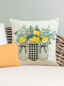 1pc/4pcs Lemon & Bowknot Print Black & White Gingham Bottle& Letter Print Linen Cushion Cover , Pillow Case, Room Decoration, Bedroom Decoration, Sofa Decoration, 18*18 Inches (Pillow Core Not Included) - Multicolor - View 8