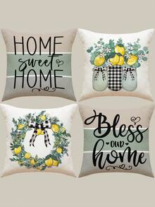 1pc/4pcs Lemon & Bowknot Print Black & White Gingham Bottle& Letter Print Linen Cushion Cover , Pillow Case, Room Decoration, Bedroom Decoration, Sofa Decoration, 18*18 Inches (Pillow Core Not Included) - Multicolor - View 6