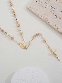 1 chiếc vòng cổ hạt cườm Đức Mẹ Đồng Trinh thủ công có mặt thánh giá, phù hợp cho phụ nữ đeo hàng ngày hoặc dự tiệc - Vàng - Xem 2