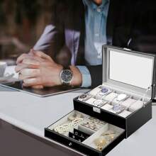 Caja para Relojes Reloj con 12 Ranuras - Estuche de Reloje de Doble Capa Reloj Cajas Organizador Caja de Exhibición de Relojero con Forro de Terciopelo Piel Tapa de Cristal y Cajón para Hombre y Mujer Estuche de Relojes con Tapa de Vidrio, 2 Niveles, Cerradura, Negro y Forro Gris - Negro - Ver 12