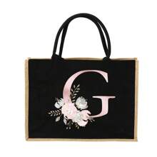 個性化首字母名字 A 到 Z 粉紅色花朵字母海灘粗麻布手提袋伴娘新娘派對女孩旅行禮物手提包黃麻大容量手提購物袋 - 黑色 - 查看 28