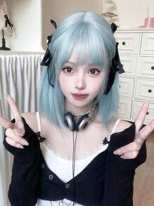 alicegarden 1 件合成耐热直发假发，多色假发，带刘海，16 英寸长，由纤维制成，时尚假发，自然逼真的假发（不包括配件） - 淺藍色 - 查看 4