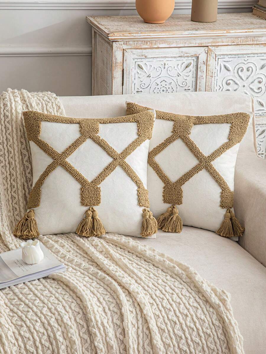 Geometric Tufted Woven Square Throw Pillow Cover, Suitable For Home Decor (Pillow Insert Not Included) - Coffee Brown - View 1