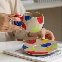 创意手绘彩色几何图案粗陶咖啡杯碟套装，现代不对称陶瓷茶杯盘子套装，适合办公室和家庭，咖啡爱好者送给朋友生日和节日的礼物 - 彩色 - 查看 3