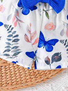 New Summer Baby Girls' Solid Color Tank Top And Printed Shorts Set With Bowknot, Butterfly & Flower Patterns