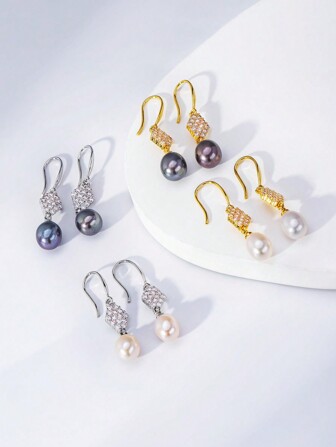 1pair Black Freshwater Faux Pearl Earrings With Rhombus Shaped Zirconia Decoration For Women, White Pearl Earrings, Holiday Gift