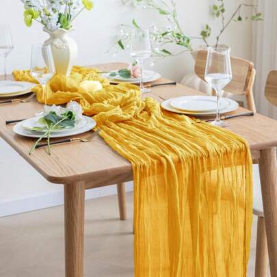 1pc Mustard Yellow Cheese Cloth Table Runner, Boho Sheer Chiffon Table Runner, Suitable For Wedding Bride Birthday Party Dining Table Decor