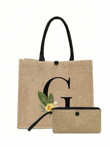 两件套，卡其色简约字母雏菊印花亚麻手提包，沙滩手提包带零钱包，便携式按扣，送给女朋友的礼物，多功能便携手提包，教师节礼物亚麻包