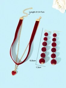 3 件复古珠宝套装红球长吊坠耳环双层天鹅绒颈链心形吊坠项链情人节、妈妈、母亲、母亲节、礼物 - 酒紅色 - 查看 4