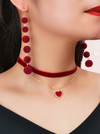 3 件复古珠宝套装红球长吊坠耳环双层天鹅绒颈链心形吊坠项链情人节、妈妈、母亲、母亲节、礼物