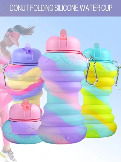 Botella de agua de 600 ml/20 oz/2025 con diseño de rosquilla arcoíris - Taza de silicona plegable para gimnasio, viajes, niños - a prueba de fugas - regalo navideño/de vuelta al colegio - viral - botella para actividades familiares al aire libre - botella de agua para estudiantes - linda y barata - de un solo toque para exprimirla - apta para viajes al aire libre/salvajes/ejercicio físico - apta como regalo para San Valentín/Navidad/cumpleaños