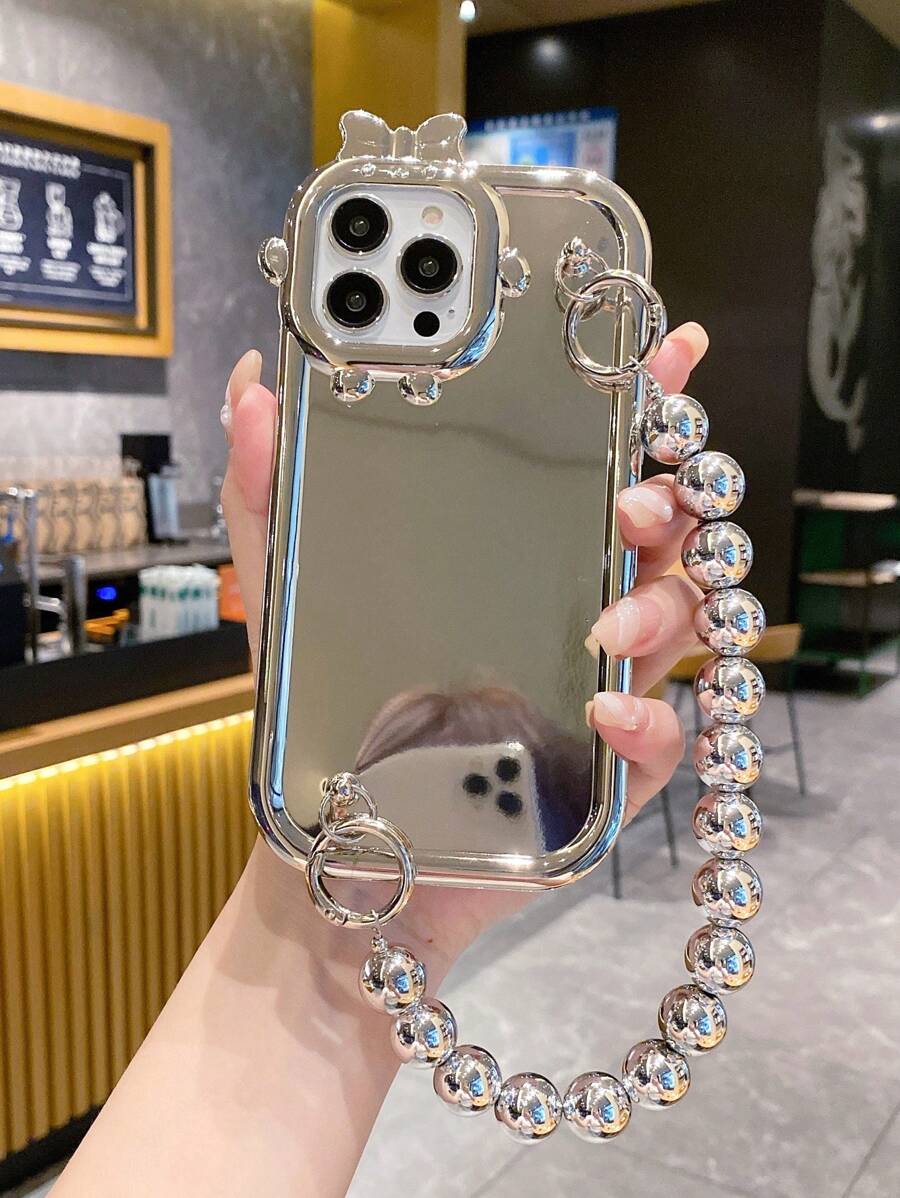 With Phone Charm 1pc Simple And High-End Silver Bead Mirror Electroplated Anti-Drop Camera Protection Monster Phone Case, Compatible With Apple/Samsung/Xiaomi/Redmi/Infinix/Vivo/Oppo - Silver - View 1