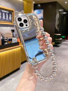 With Phone Charm 1pc Simple And High-End Silver Bead Mirror Electroplated Anti-Drop Camera Protection Monster Phone Case, Compatible With Apple/Samsung/Xiaomi/Redmi/Infinix/Vivo/Oppo - Silver - View 5