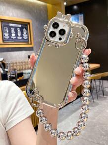 With Phone Charm 1pc Simple And High-End Silver Bead Mirror Electroplated Anti-Drop Camera Protection Monster Phone Case, Compatible With Apple/Samsung/Xiaomi/Redmi/Infinix/Vivo/Oppo - Silver - View 2