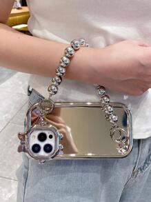 With Phone Charm 1pc Simple And High-End Silver Bead Mirror Electroplated Anti-Drop Camera Protection Monster Phone Case, Compatible With Apple/Samsung/Xiaomi/Redmi/Infinix/Vivo/Oppo - Silver - View 3