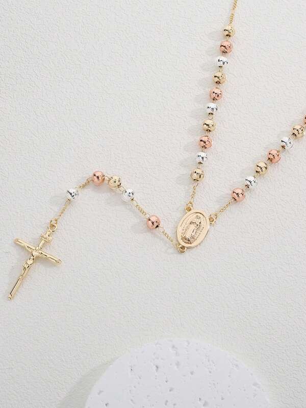 1pc Holy Mother Mary Tri-Color Beaded Laser Pearl Necklace, Suitable For Women's Daily Or Holiday Party Wear