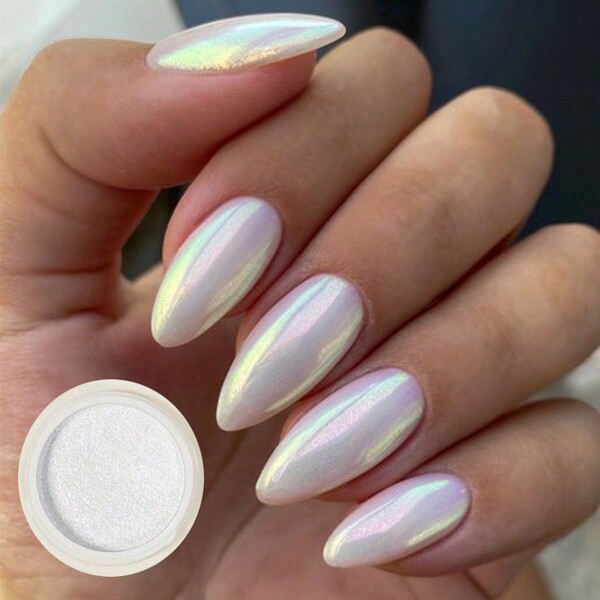 1 pièce Poudre d'ongle miroir en chrome de poussière de perle de sirène blanche, poudre d'ongle holographique en pigments de poussière d'art de clou de paillettes brillantes avec applicateur à double embout pour les yeux pour la décoration d'art de clou de vernis de gel, cadeaux de manucure pour femmes ou filles