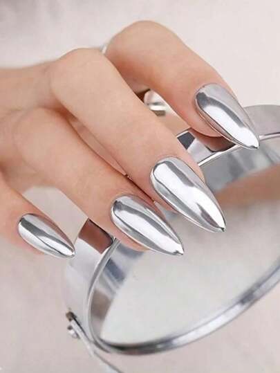 24 رأس أظافر مصمم على شكل لوز قصير مصنوعة من المعدن الثقيل باللون الفضي العاكس للمرايا ورداءات أظافر هولوجرافية + لاصق جيلي 1 قطعة + ملف أظافر 1 قطعة، إكسسوارات الأظافر اضافر صناعيه اظافر اصطناع